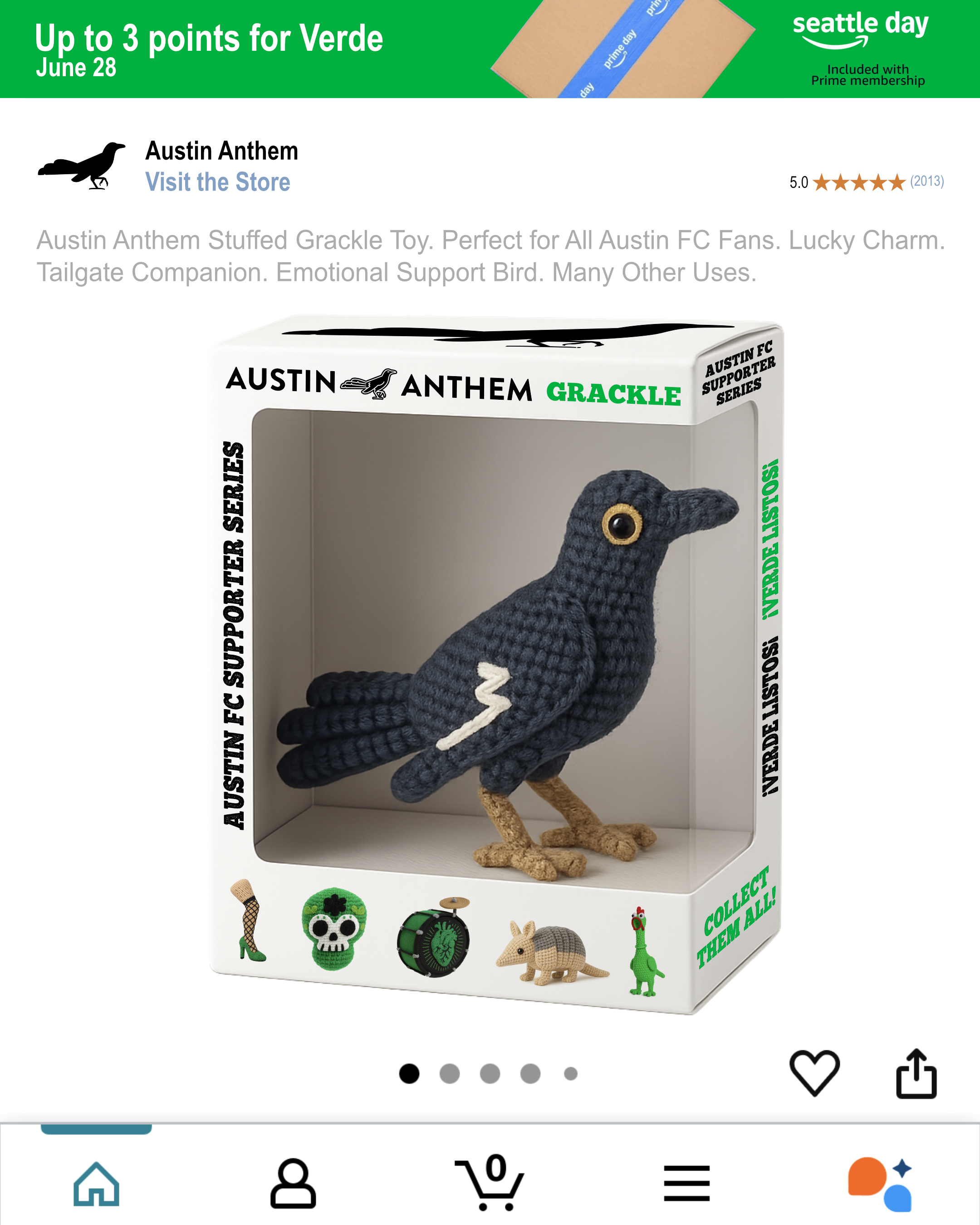 An amazon product page with a stuffed toy grackle in a box.